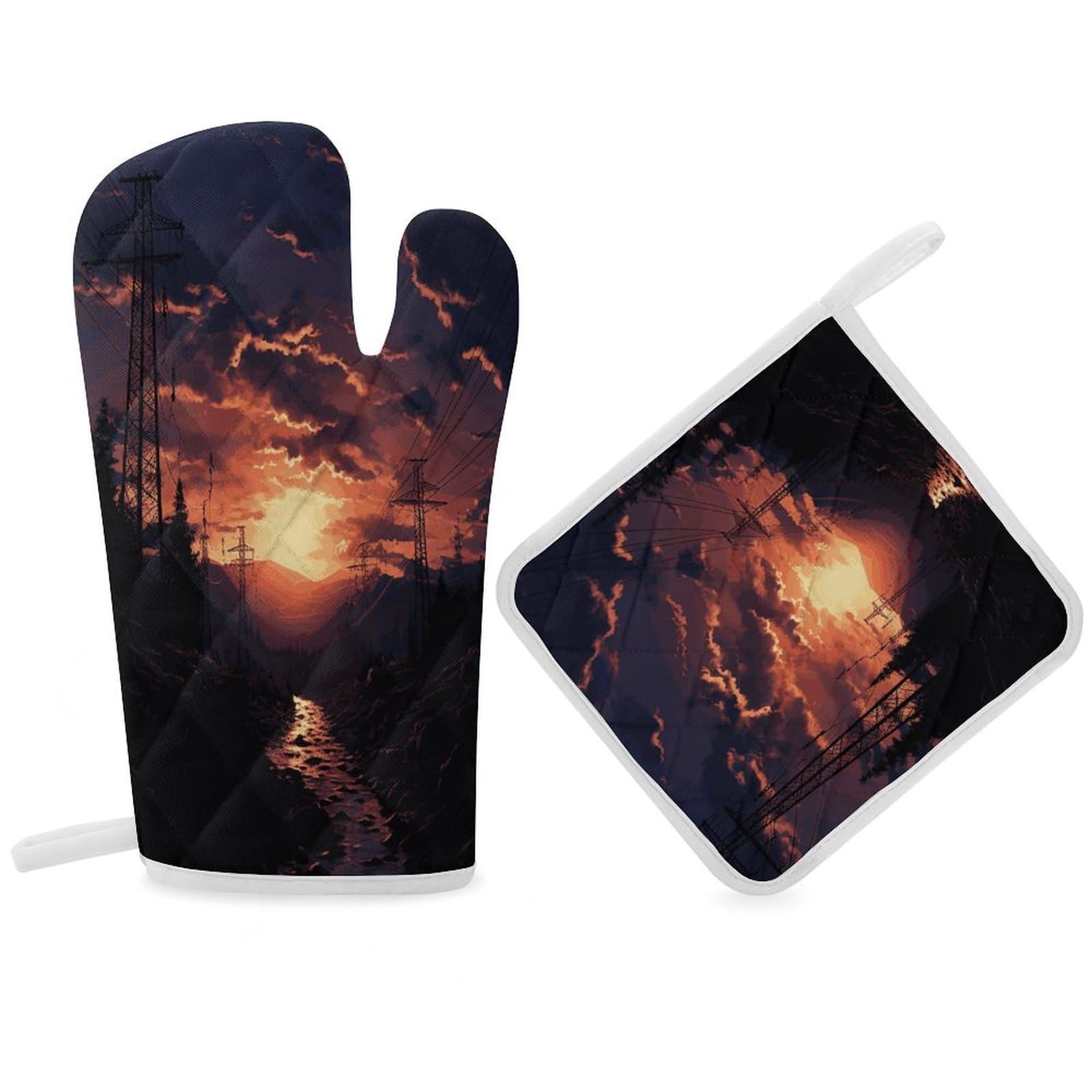 Fodpand Women's Style Dusk Scenery Oven Mitts And Pot Holders Sets,Oven Gloves For Kitchen Oven Mitts And Potholders For Baking Cooking Grilling Apartment Essentials