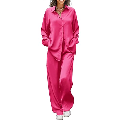 Ekouaer Womens Satin Silky Pajama Set 2 Piece Print PJs Soft Loungewear Button Down Sleepwear with Elastic Waist Long Pants