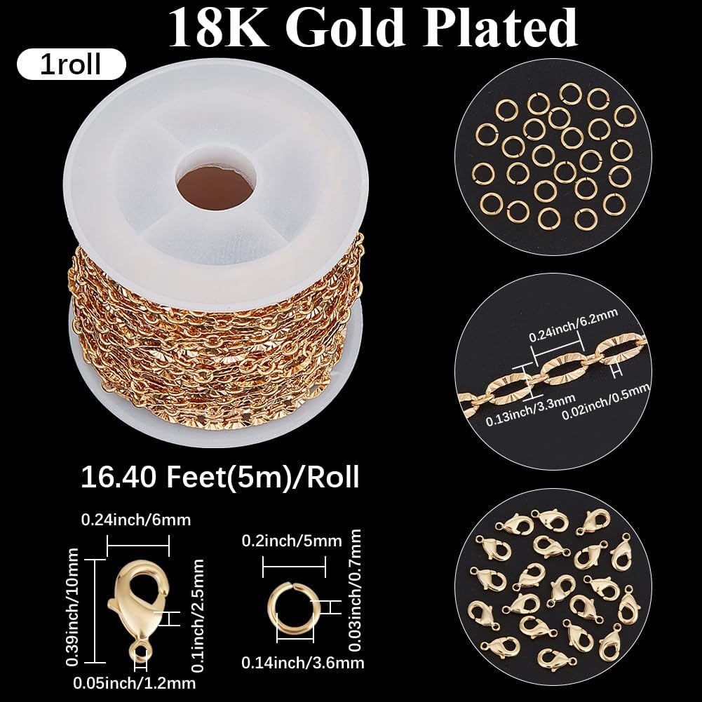 Beebeecraft 5M/16.4 Feet Oval Paperclip Chain 18K Gold Plated Brass Necklace Chains with Lobster Clasps Jump Rings for DIY Jewelry Making