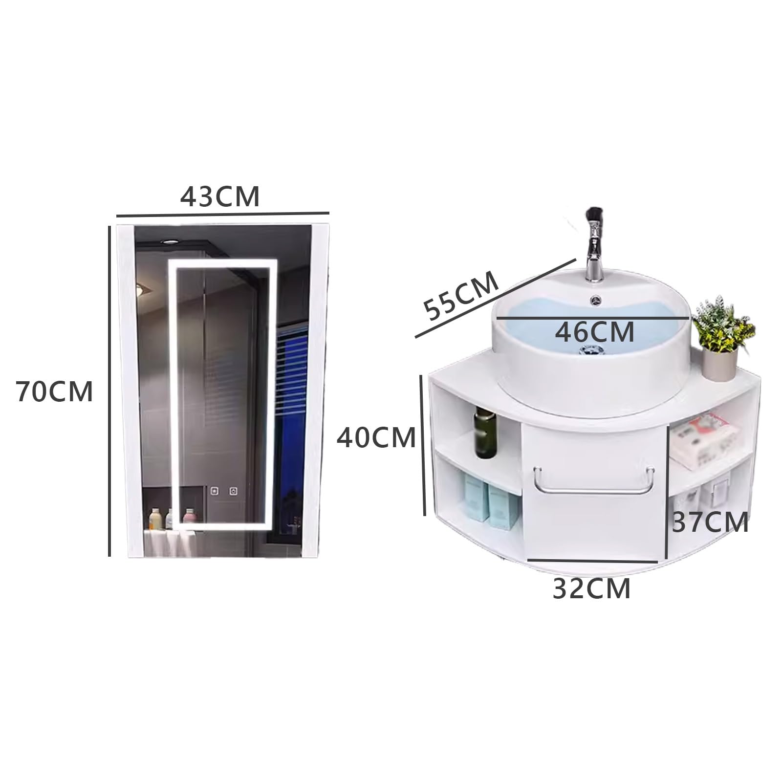 Mobile Bagno Sospeso con Lavabo, Mobile Specchio Bagno LED, Lavabo Tondo, Molto Spazio di Archiviazione, Mobile Angolare Bagno Sospeso, per Bagno(55CM)