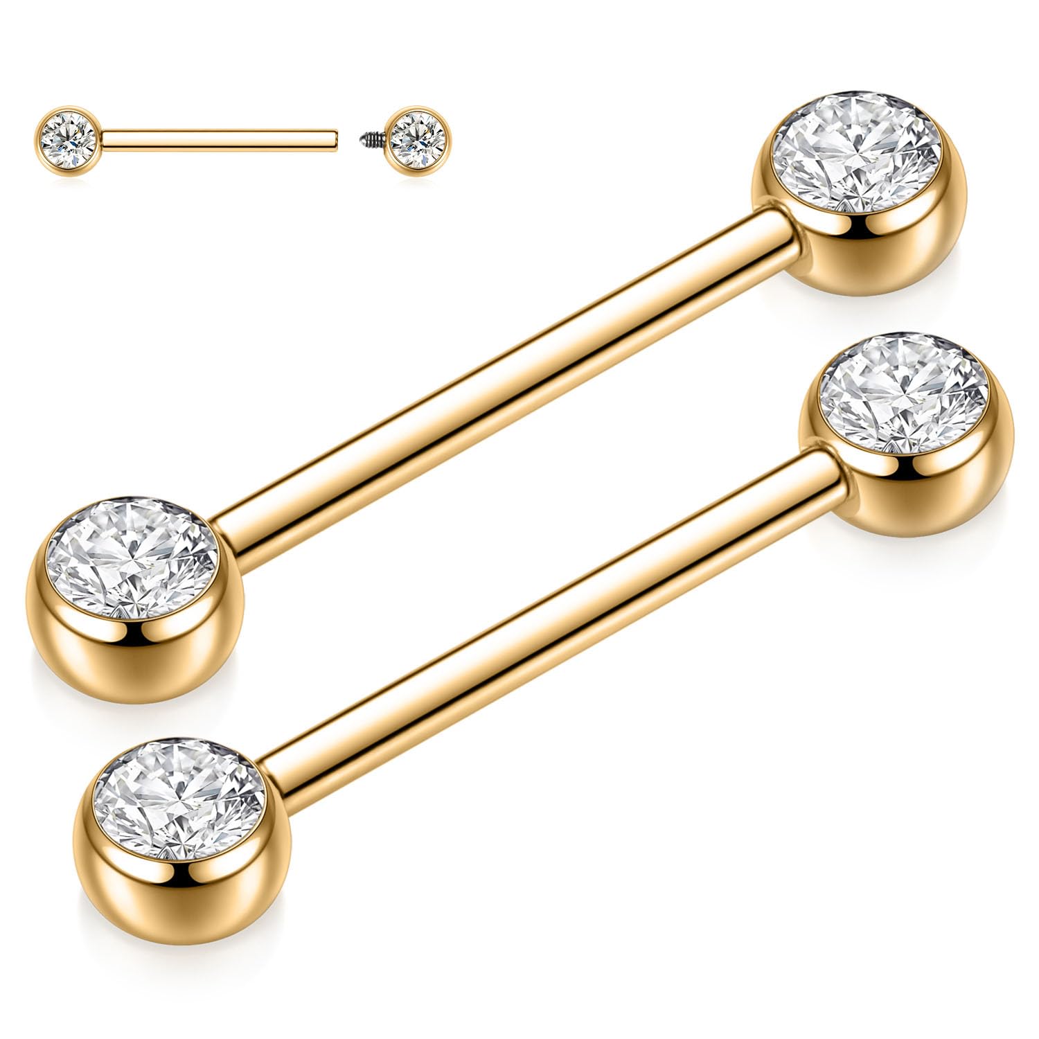 GAGABODYPair 14G Rings G23 Titanium Internally Threaded Barbells 12mm-18mm Bridge Piercing Jewelry Straight Bar for Women Men Piercing Jewelry with CZ/Opal