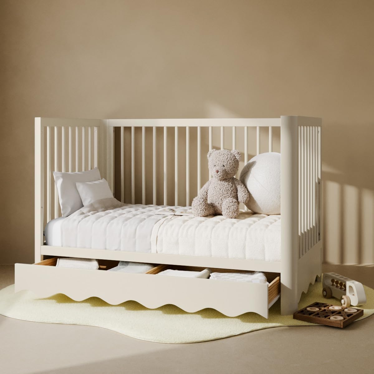 Storkcraft Casablanca Convertible Crib with Drawer and Toddler Guardrail (Frosted Oat) – GREENGUARD Gold Certified, Toddler Bed Conversion Kit Included, Fits Standard Crib Mattress, Crib with Storage