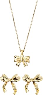 Gold Bow Earrings Necklace Set Golden Ribbon Earrings Necklace for Women Bowknot Jewelry Christmas Gift