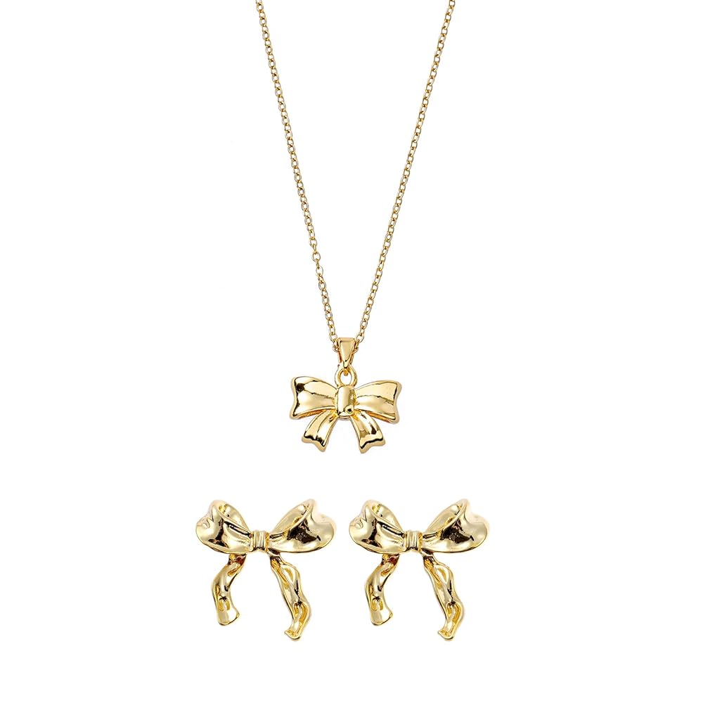 Amazon.com: QXFQJT Gold Bow Earrings Necklace Set Golden