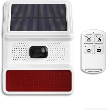 PGST Solar Motion Alarm,Outdoor Siren Detector with Flashing Light,IP65 Waterproof,Remote Control,11 Sound Switching Options,120dB Loud Noise Maker for Home,Farm,Yard,Garden,Fish Pond,Driveway