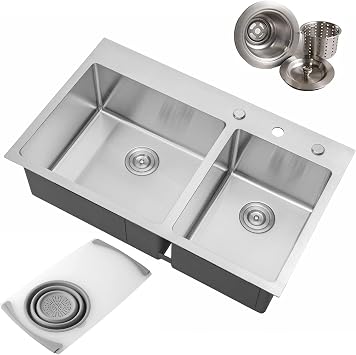 CozyBlock 36 Inches 16-Gauge Stainless Steel Topmount Drop-in 60/40 Double Bowl Kitchen Sink in Brushed Stainless Steel Finish with Cutting Board and Strainer