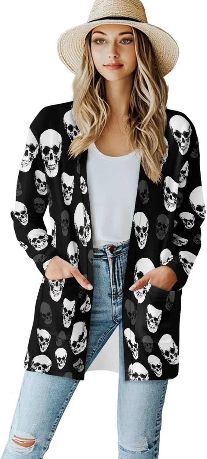 Gothic Skull Women Cardigan Sweaters Casual Open Front Cardigans Soft Draped Long Sleeve Jackets Dusters V-Neck Tops