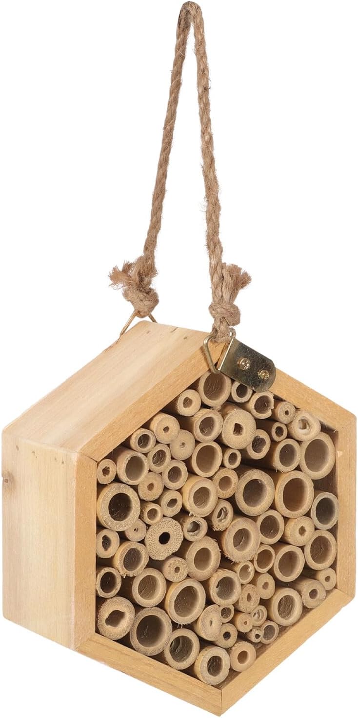 Homoyoyo Wooden Bee Shelter and Outdoor Insect Nest with Hexagonal Design Handmade Carpenter Bee Hive Pollinator Habitat for Butterflies