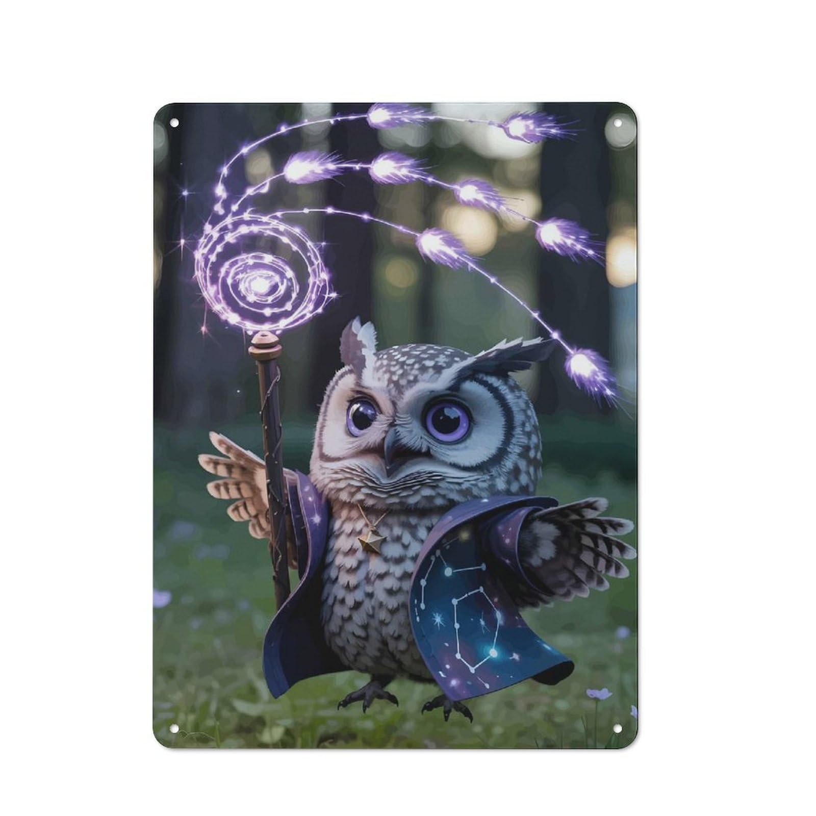 Metal Wall Plaque with Wizard Owl with Magic Staff Design 40x30cm, Retro Room Wall Plaque for Home, Shop, Pub Or Studio Wall
