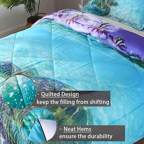 Miniatura 3 de ENCOFT Juego de edredón de tortuga para niños, juego de ropa de cama matrimonial para niñas y niños, juego de ropa de cama de 3 piezas, color azul