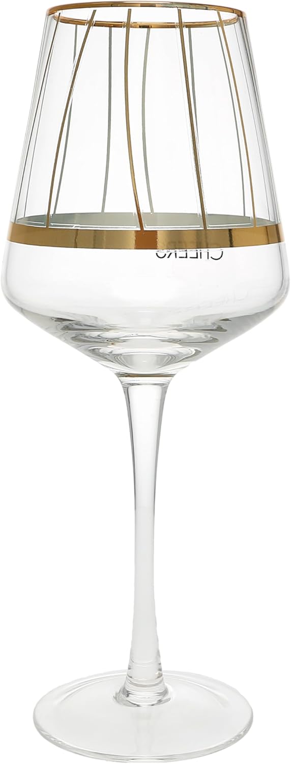 Pavilion Gift Company - Cheers - Stripes - Metallic Gold 17 oz Stemmed Wine Glass Classy Timeless Celebratory Milestone Drinkware Housewarming Apartmentwarming