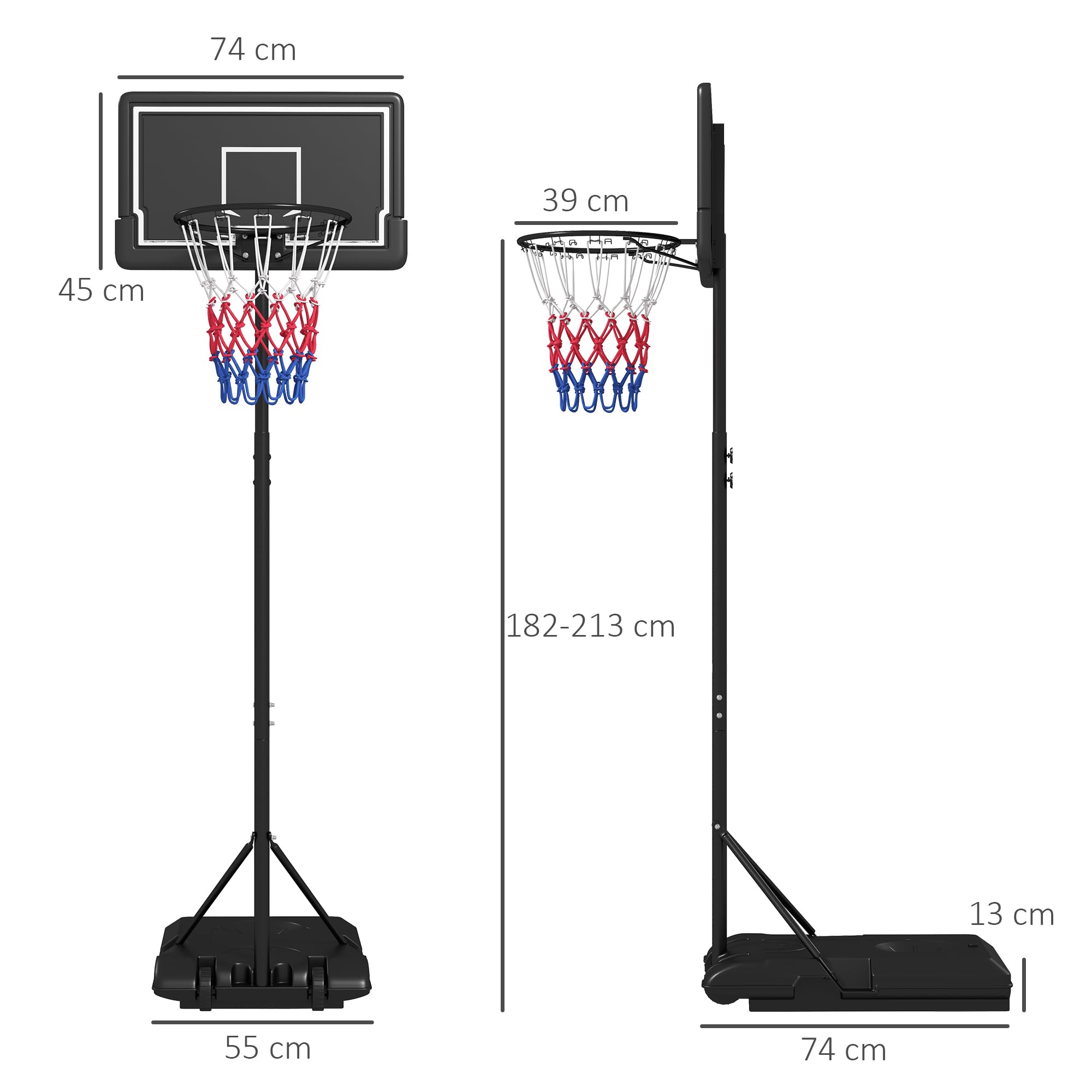 SPORTNOW Panier de Basket extérieur, Hauteur Ajustables 182-213/220-250 cm, Panier de Basket sur Pied à roulettes, avec Base de lestage, Cadre en Acier, Noir
