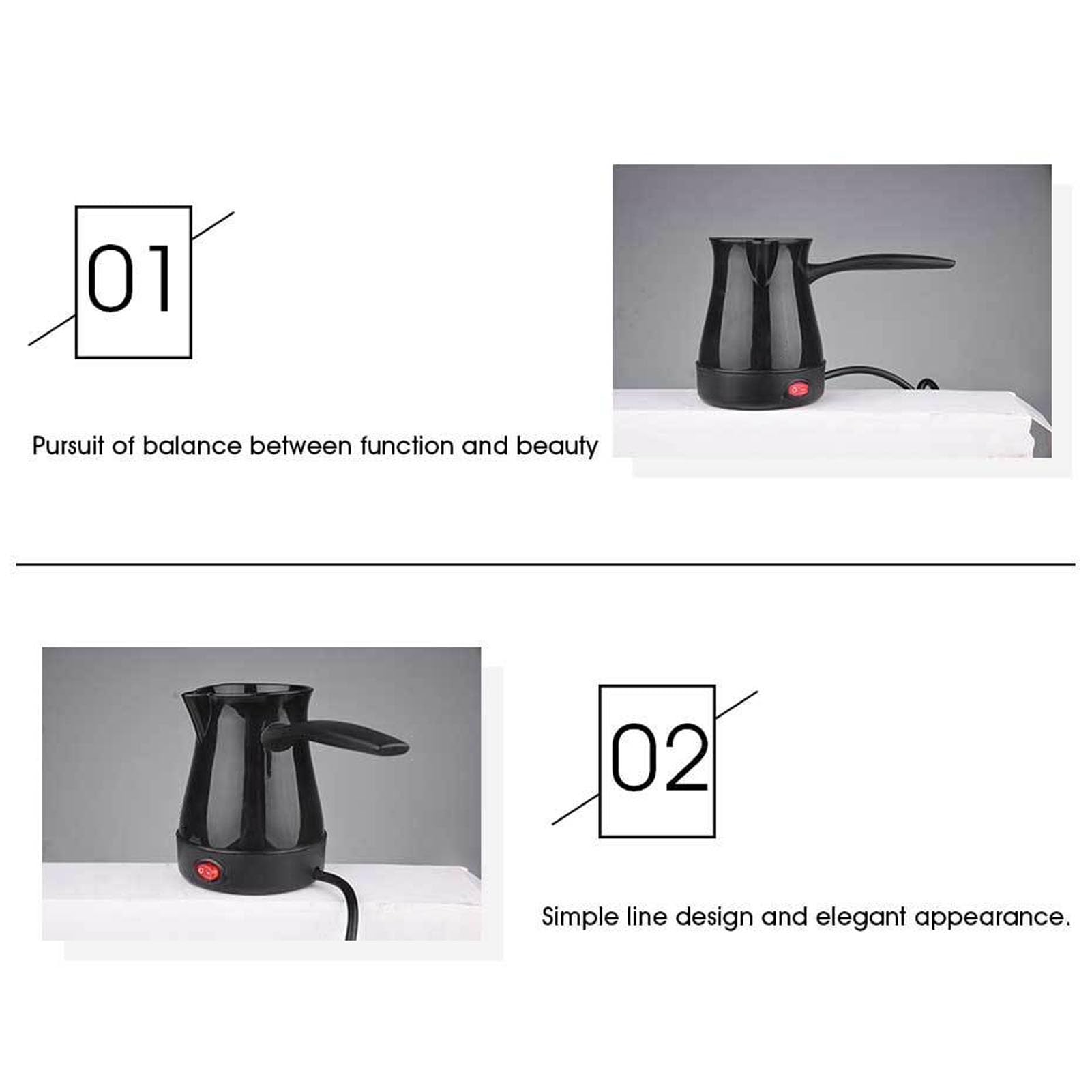SENECESLI Théière turque électrique, 300 ml, en acier inoxydable, pour la maison et les voyages, noir