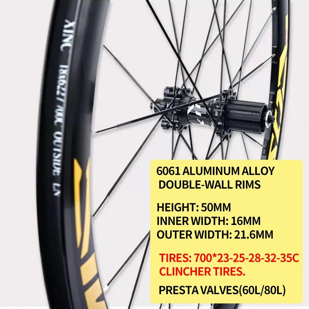 Set Di Ruote Per Bici Da Strada 700C Cerchio In Lega Di Alluminio A Doppia Parete 50mm, Cricchetto 36/54T, Cuscinetto Sigillato, Cassetta 7-12velocità, Freno A Disco 100/135mm QR