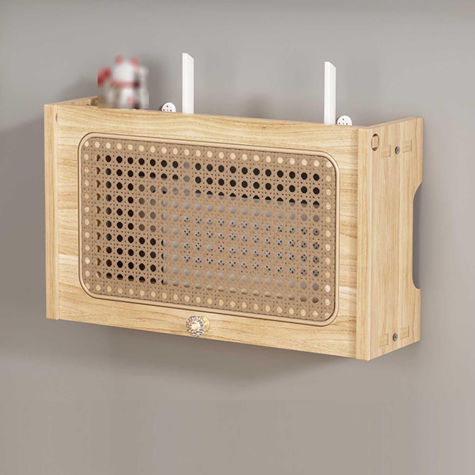 Cable Management Box Wandhalterung Aufbewahrungsbox für WiFi Router Kabel Steckdosen Verstecken Router Schrank aus Holz & Rattan Router Regal für Mediacenter Router Box Signalfreundlich(40x11.5x23cm)
