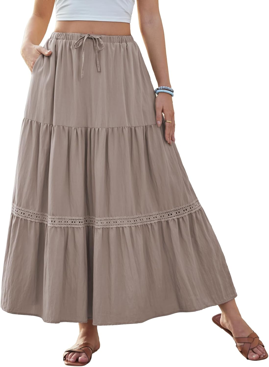 DJT Women's Boho Elegant Lace Trim Swing Tiered Maxi Skirt High Waisted Tie A Line Flowy Long Skirts with Pockets