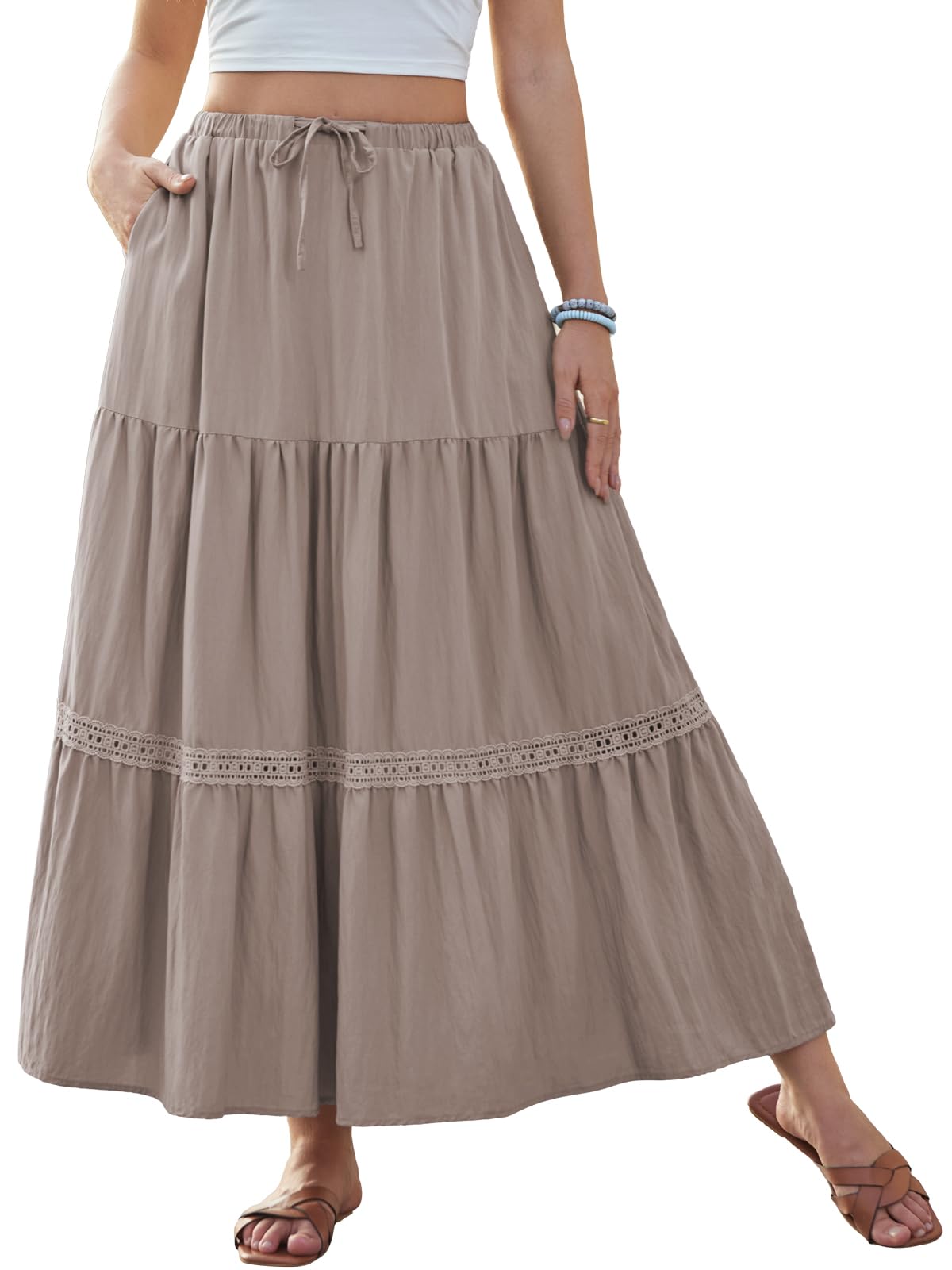 DJT Rock Damen Spitzenbesatz Boho Maxirock Elastisch Taille Casual A-Line Elegant Lang Röcke mit Taschen