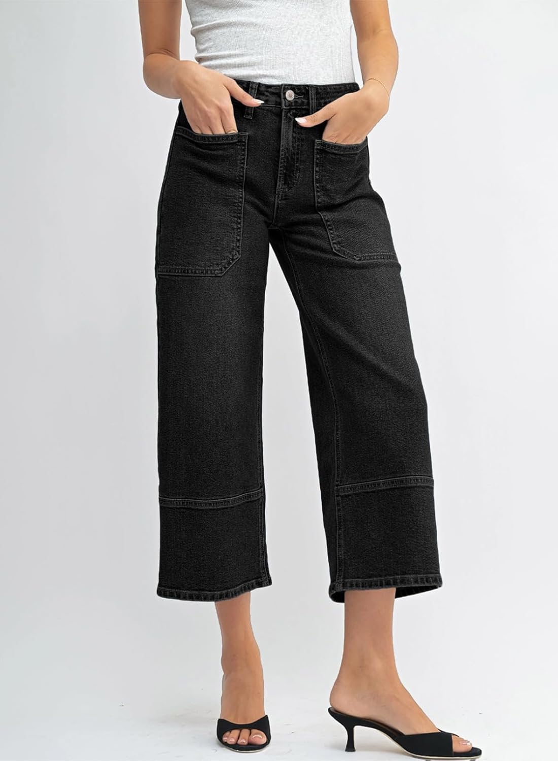 Sidefeel Women's Wide Leg Jeans High Waisted Stretchy Big Pockets Capri Denim Pants - Image 5