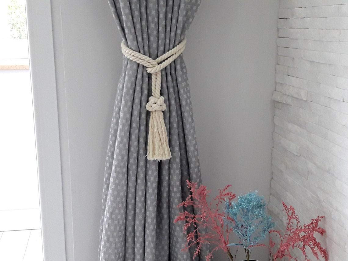 Tie Backs, Cotton Striped Tie Back, Holdback, Rustic Nautical, Macrame Rope Curtain Window Accessories, Holdback Rustic (White, Medium)