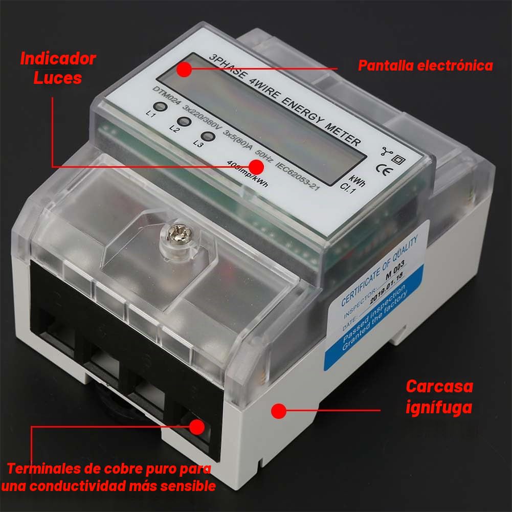 Medidor de Energía Trifásico, 220V/380V 5-80A Contador Eléctrico LCD Medidor de Electricidad Trifásico, Contador de Electricidad 3 Fases 4 Hilos, Contador de Corriente Alterna de MedicióN de Potencia