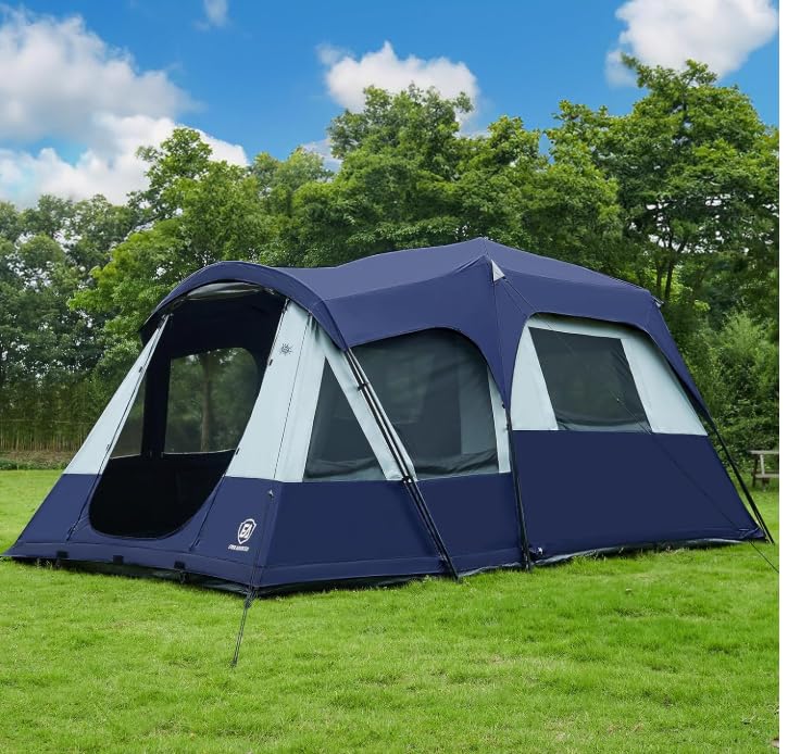 EVER ADVANCED 8 Person Blackout Design Cabin Tent, Camping Family Tent with Multi Room & Extra Porch and Rainfly, 2 Rooms Huge Portable with Carry Bag, Blue