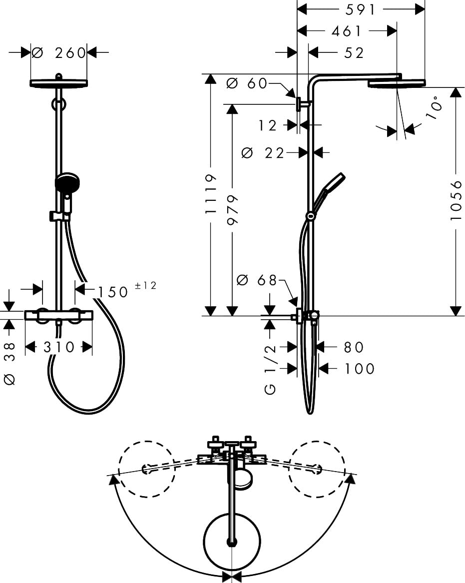 hansgrohe Pulsify S Puro - sistema de ducha ahorro de agua (EcoSmart) con termostato, ducha lluvia (260mm) con grifo, ducha de mano, flexo ducha, barra y ducha fija redonda, bronce cepillado, 24237140