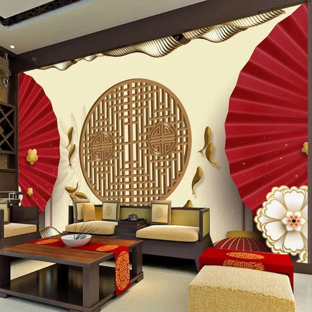 Papier peint chinois 3D rouge pour transformer un mur blanc en toile de fond salon