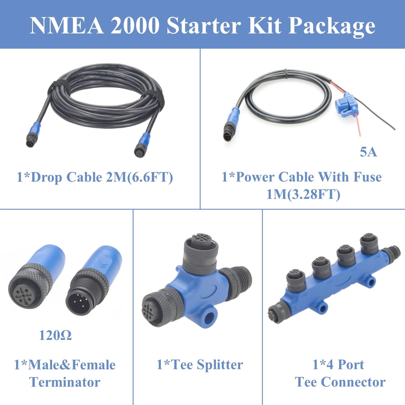 NMEA 2000 N2K Starter Kit, Marine Grade Backbone Drop Cable, connettore T, 4 porte, terminatori, cavo di alimentazione con fusibile per Lowrance, Simrad, Garmin (kit 2)