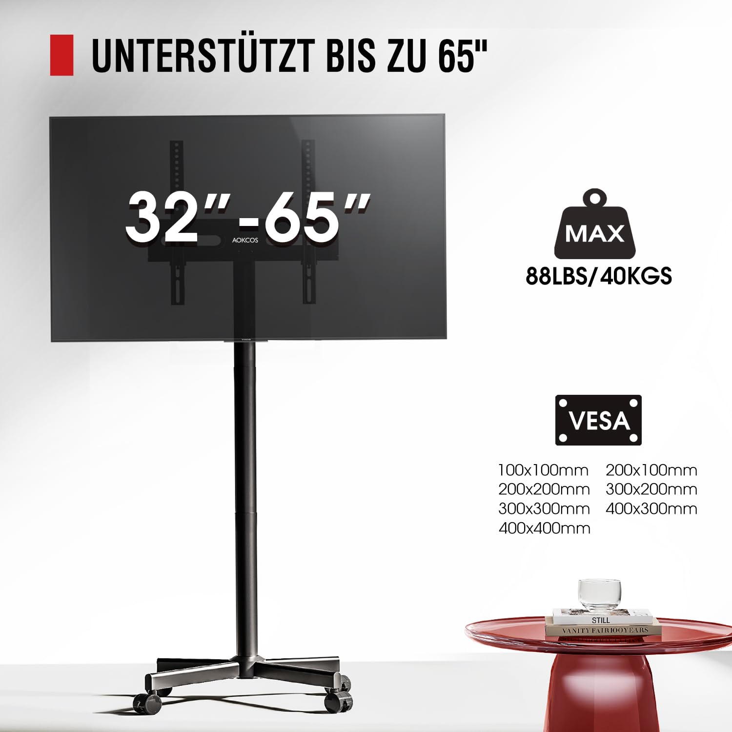 AOKCOS Stojak pod telewizor na kółkach 32-65 cali, z regulacją wysokości, stojak pod telewizor z kółkami, bezśrubowy design, uniwersalny stojak pod telewizor, maks. VESA 400x400mm 40kg