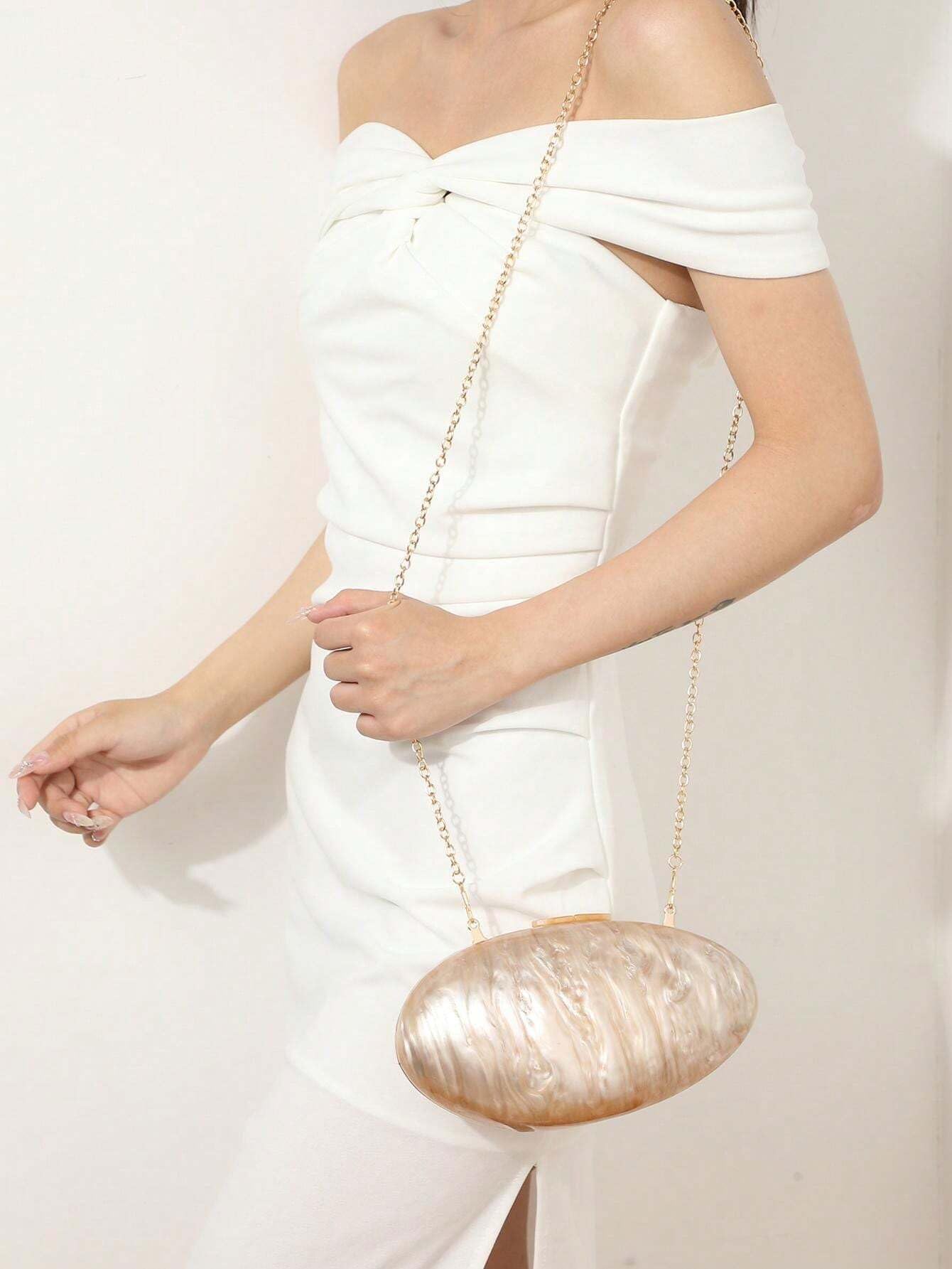 PENGZHI Women Oval Acrylic Evening Clutch Bag Ladies Marble Purses and Handbags Pearl Acrylic Shoulder Bag for Wedding Party, Beige