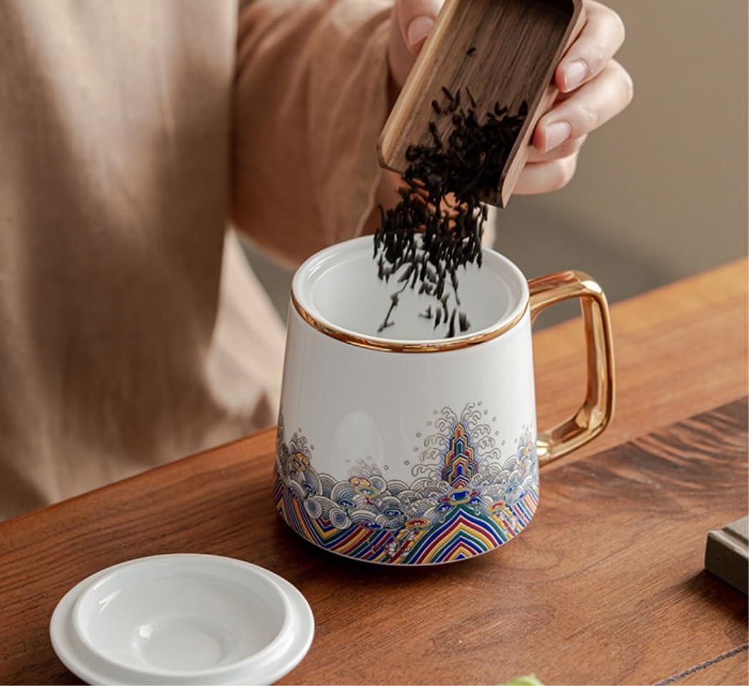 Tazze Colazione Tazze Tazze Da Caffè In Ceramica Da 13,5 Once Tazze Da Caffè In Ceramica Con Motivo Tradizionale In Stile Palazzo Cinese E Manico Dorato Tazze Cappuccino Tazze da The Tazze(Blue)
