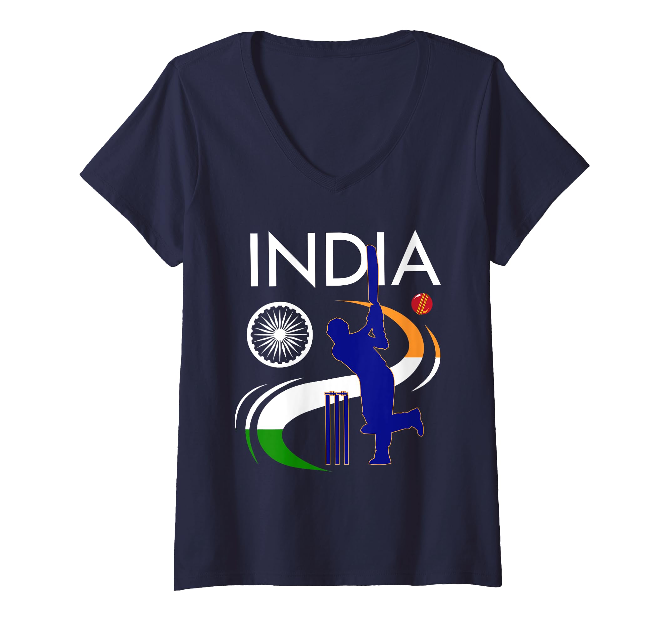 Womens India Cricket With Indian Flag Brush Stroke V-Neck T-Shirt, Black
