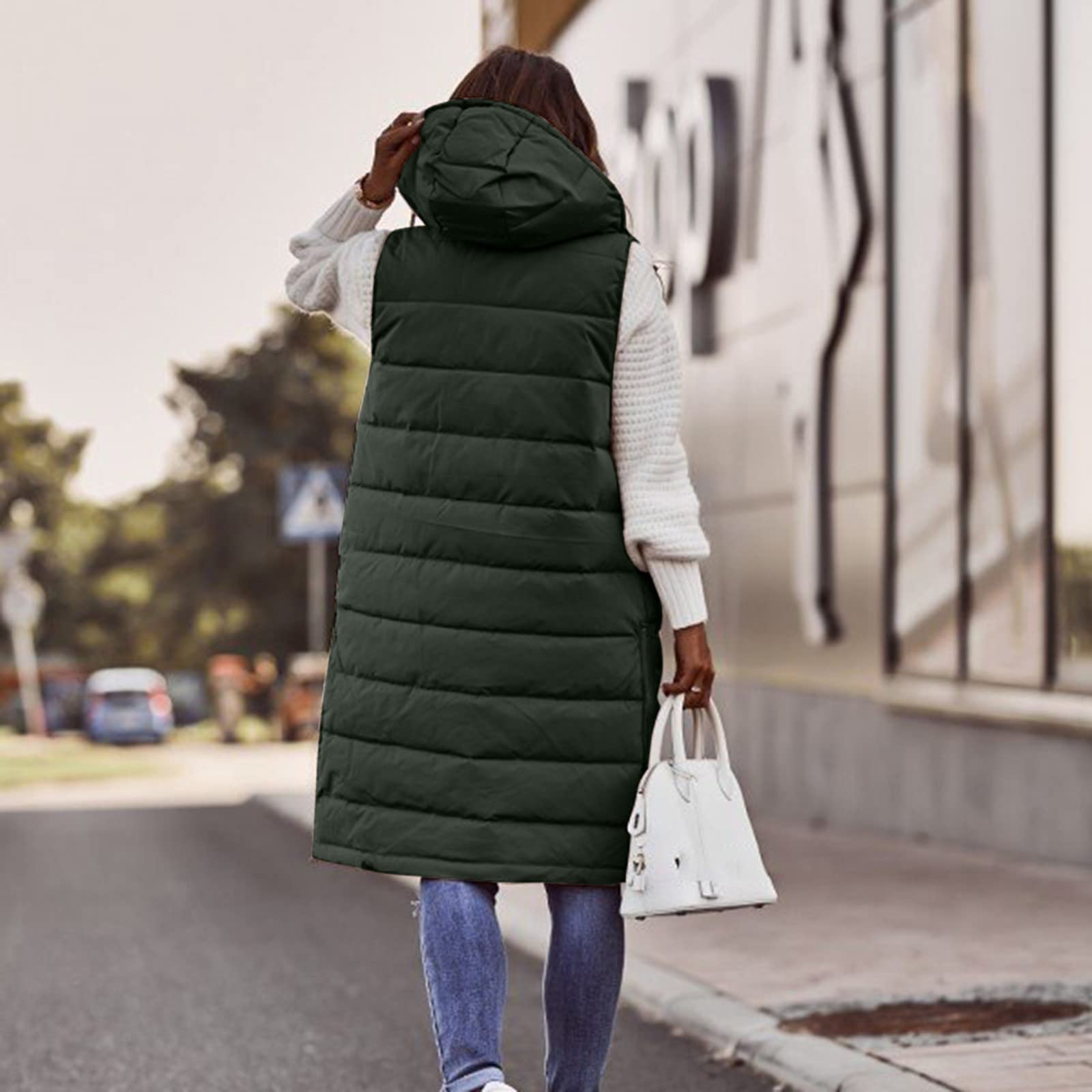 Chaleco largo para mujer con capucha – Abrigo largo de invierno cálido con capucha sin mangas chaleco acolchado para mujer ligero chaleco acolchado para exteriores con bolsillos chaleco