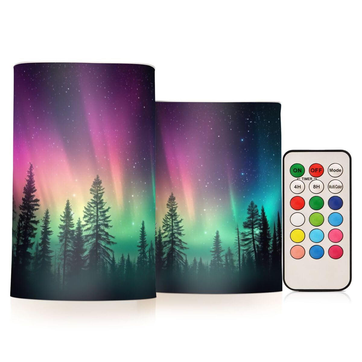 JUMBEAR Icelandic Colored Aurora LED Candles Set of 2,Flameless Candles 4" 5" Real Wax Battery Candle Pillars, 18 Key Remote Control with 24 Hour Timer Function