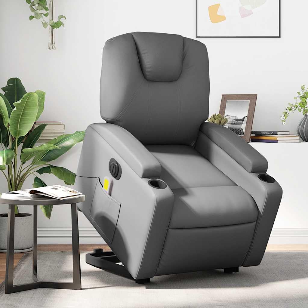 Sillón elevador eléctrico reclinable con masaje por vibración, color gris, de piel sintética, 6 puntos de masaje, función de elevación e inclinación de 135 grados, estructura