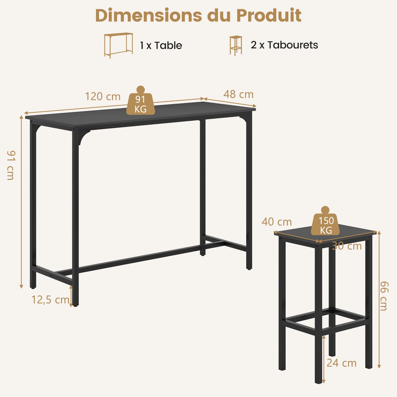 GIANTEX Table Haute Cuisine pour 3 Personnes, Mange Debout Rectangulaire, 2 Tabourets avec Repose-Pieds, Cadre en Métal, Style Industrielle pour Petit Espace, Salle à Manger, Restaurant (Noir)