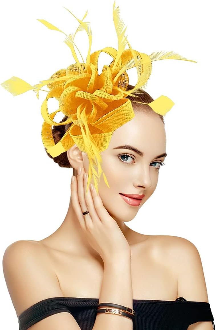 Specell Handmade Fascinator Tea Party Hat for Women, Derby Hat with Feathers Headbands Equipped with Hair Clips and Fasteners