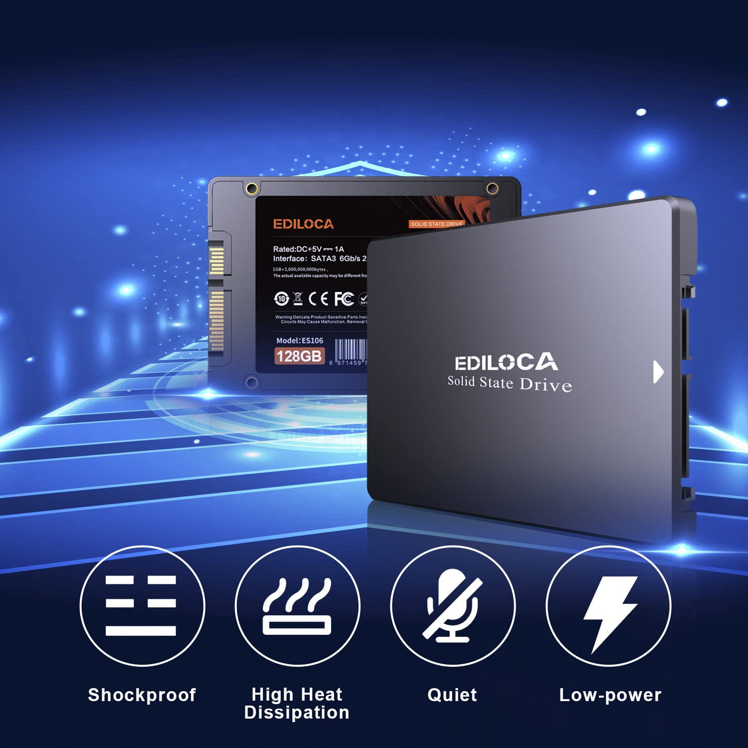 Ediloca ES106 128GB SSD SATA III 2.5" 3D NAND TLC Disco Rigido Interno, Fino a 500MB/s Lettura, Aggiorna Memoria PC o Laptop e Archiviazione (Nero)