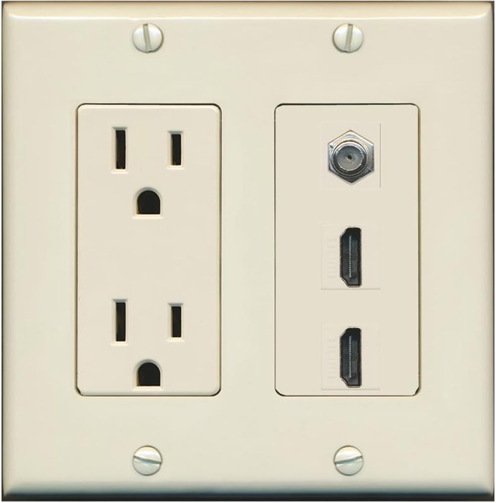 RiteAV USB Charger Outlet 15A/125V with USB Type-A/USB Type-C Charging Ports and 2 x HDMI 1 x Coax Cable Decorative White Wall Plate