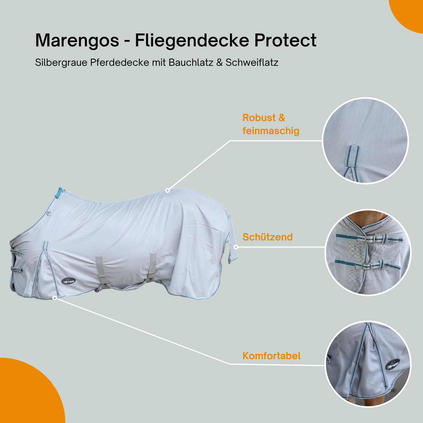 Marengos - Fliegendecke Protect mit Bauchlatz & Schweiflatz | robuste & feinmaschige Pferdedecke zum Schutz vor Insekten | doppelter Frontverschluss | Outdoor-Pferdedecke in Silbergrau | 125cm