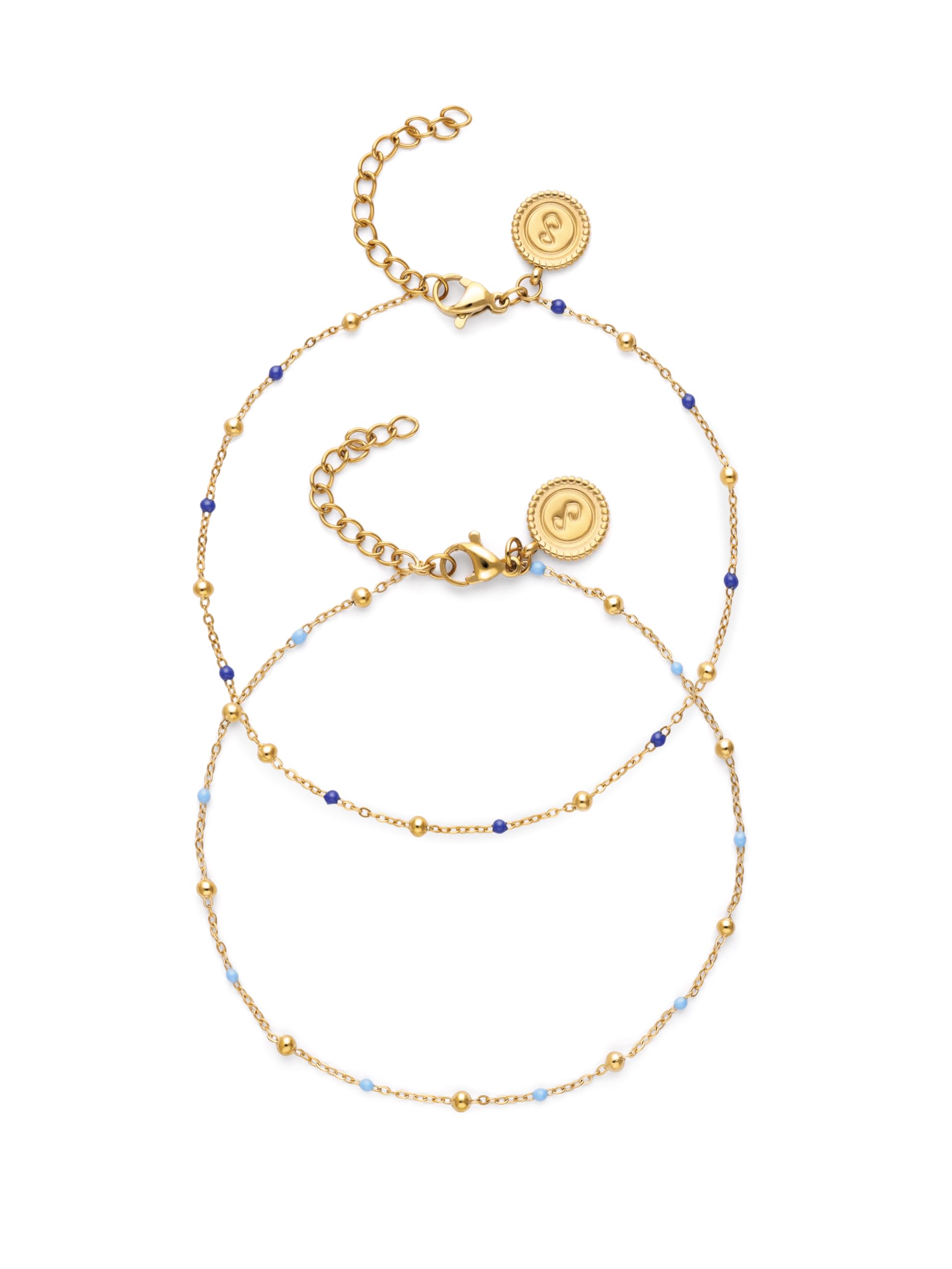 SINGULARU - Pack 2 Tobilleras Amistad Azul. Acero con Baño en Oro de 18 Kt y Enamel. Joyas Para Mujer.