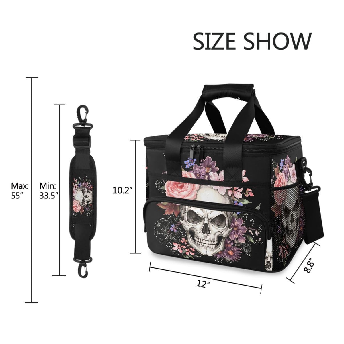 ALAZA Sugar Skulls Rose Große Kühltasche Lunchtasche wasserdichte Kühltasche für Camping, Picknick, Grill, Familie Outdoor-Aktivitäten Large Multi02