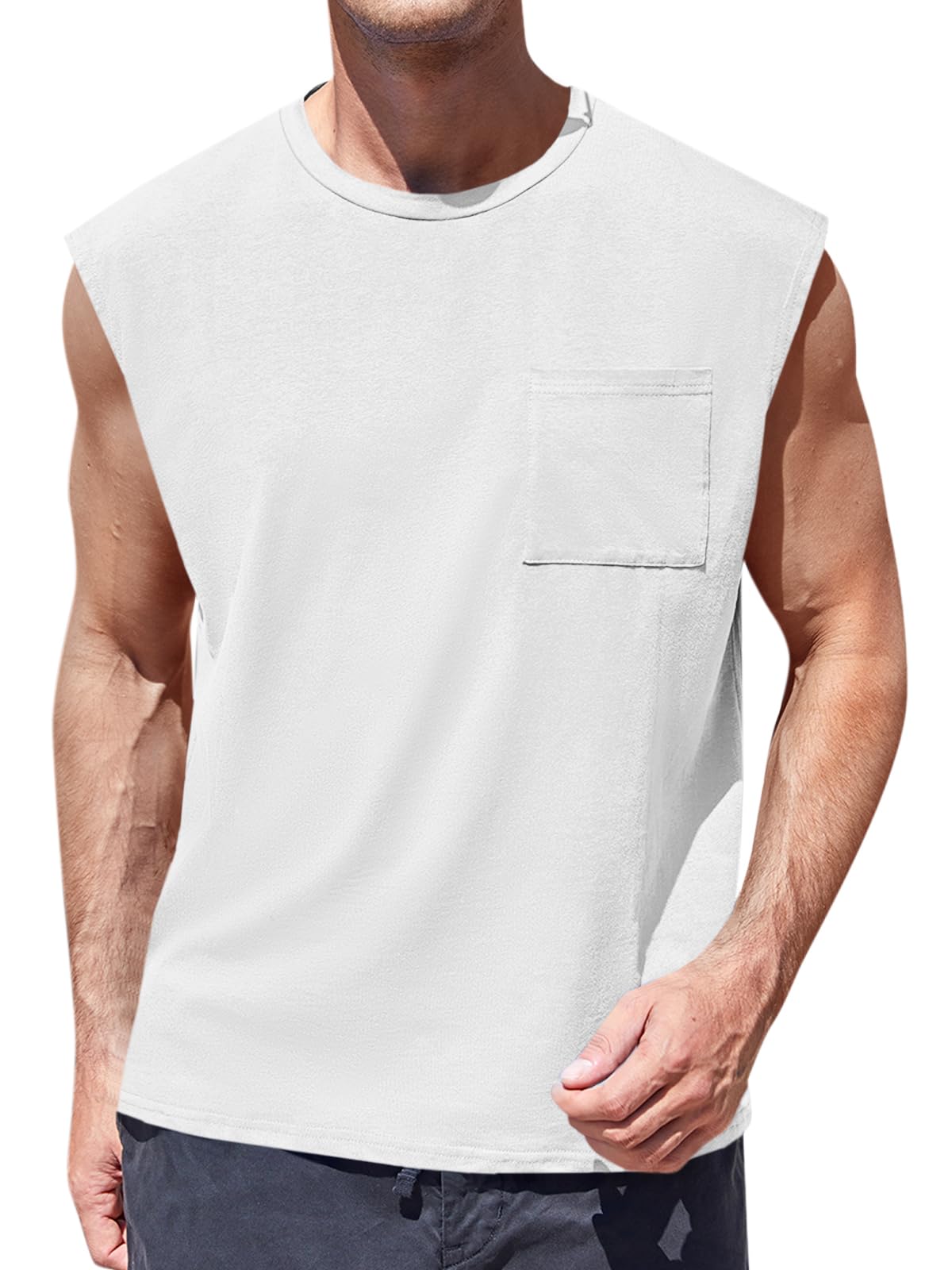 ZIWOCHMens Sleeveless Tank Tops Workout Cut Off Shirts Muscle Gym T Shirts with Pocket