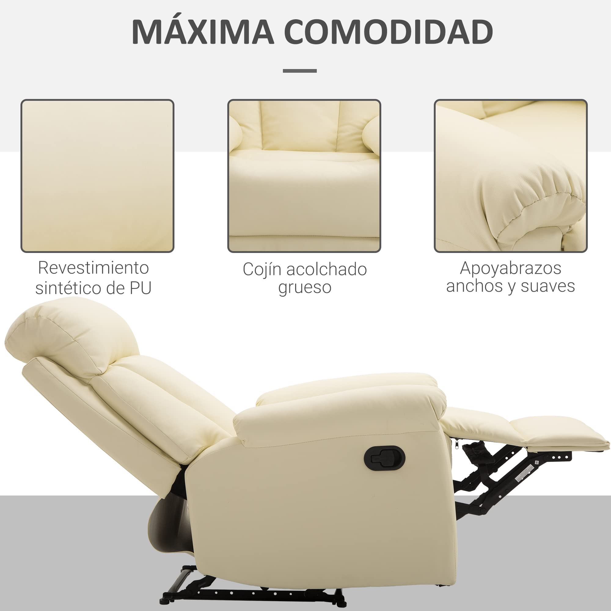 HOMCOM Sillón Relax Reclinable 150° con Respaldo Alto 80x97x107 cm Blanco | Butaca de Salón， Tapizado en PU, Reposapiés Retráctil, Resposabrazos, para Dormitorio