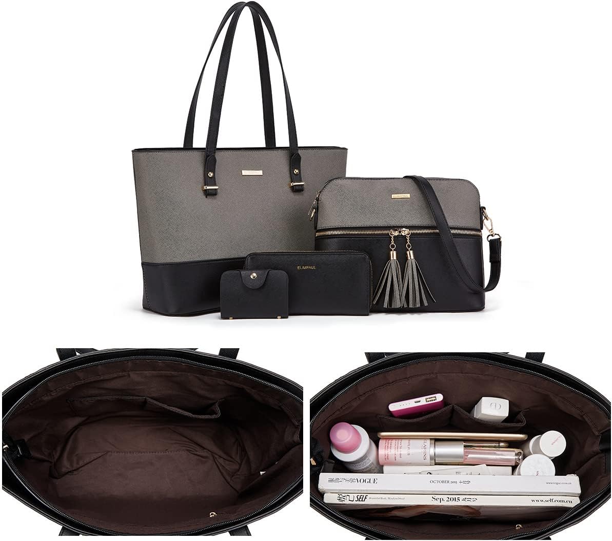 Women Fashion Synthetic Leather Handbags Tote Bag Shoulder Bag Top Handle Satchel Purse Set 4pcs - Image 5