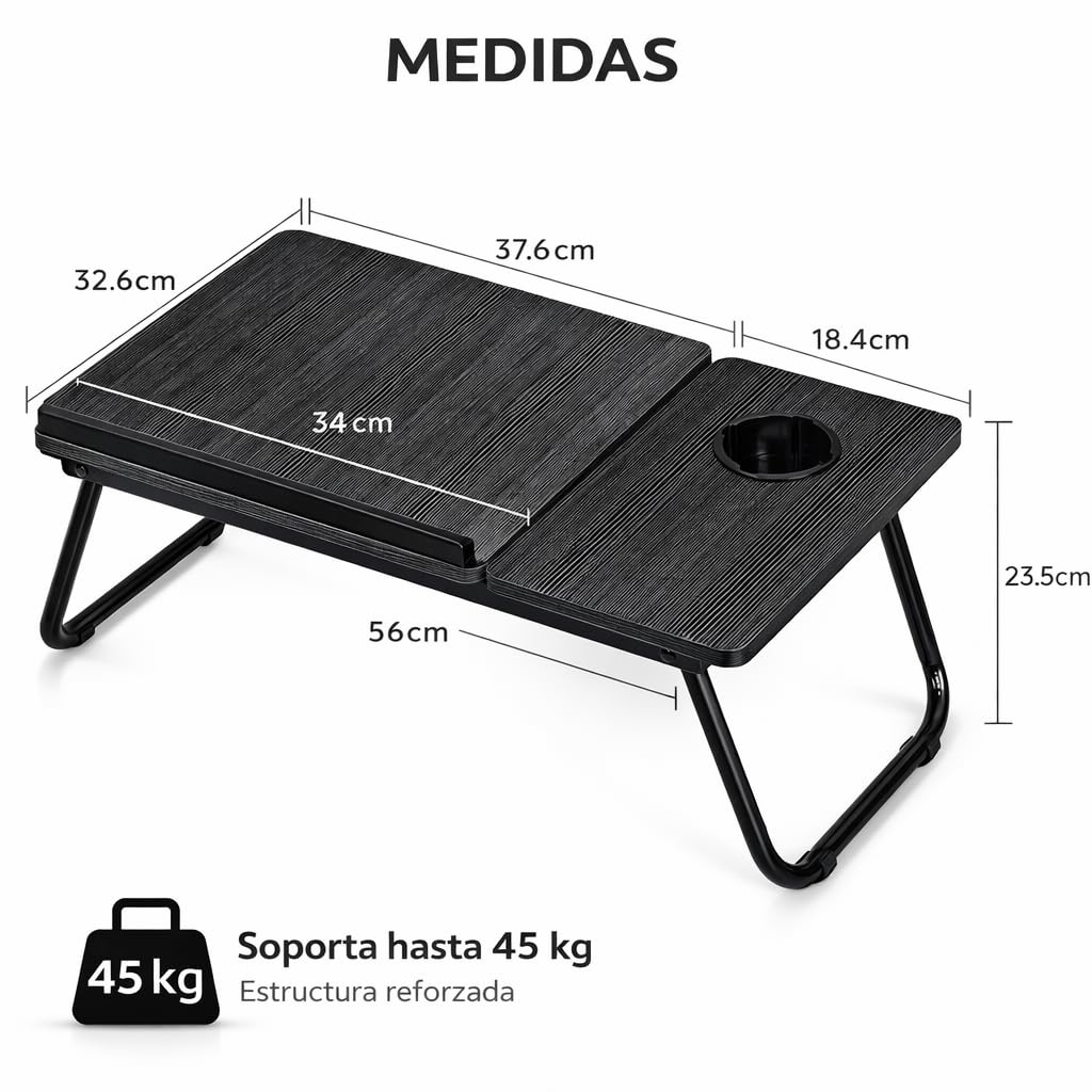 Mesa Reclinable para Cama y Sofá, Bandeja Plegable con Portavasos, Ideal para Ordenador Portátil y Libros, con Cinco Alturas, Mesita Auxiliar Multiusos de MDF, Acero y Plástico