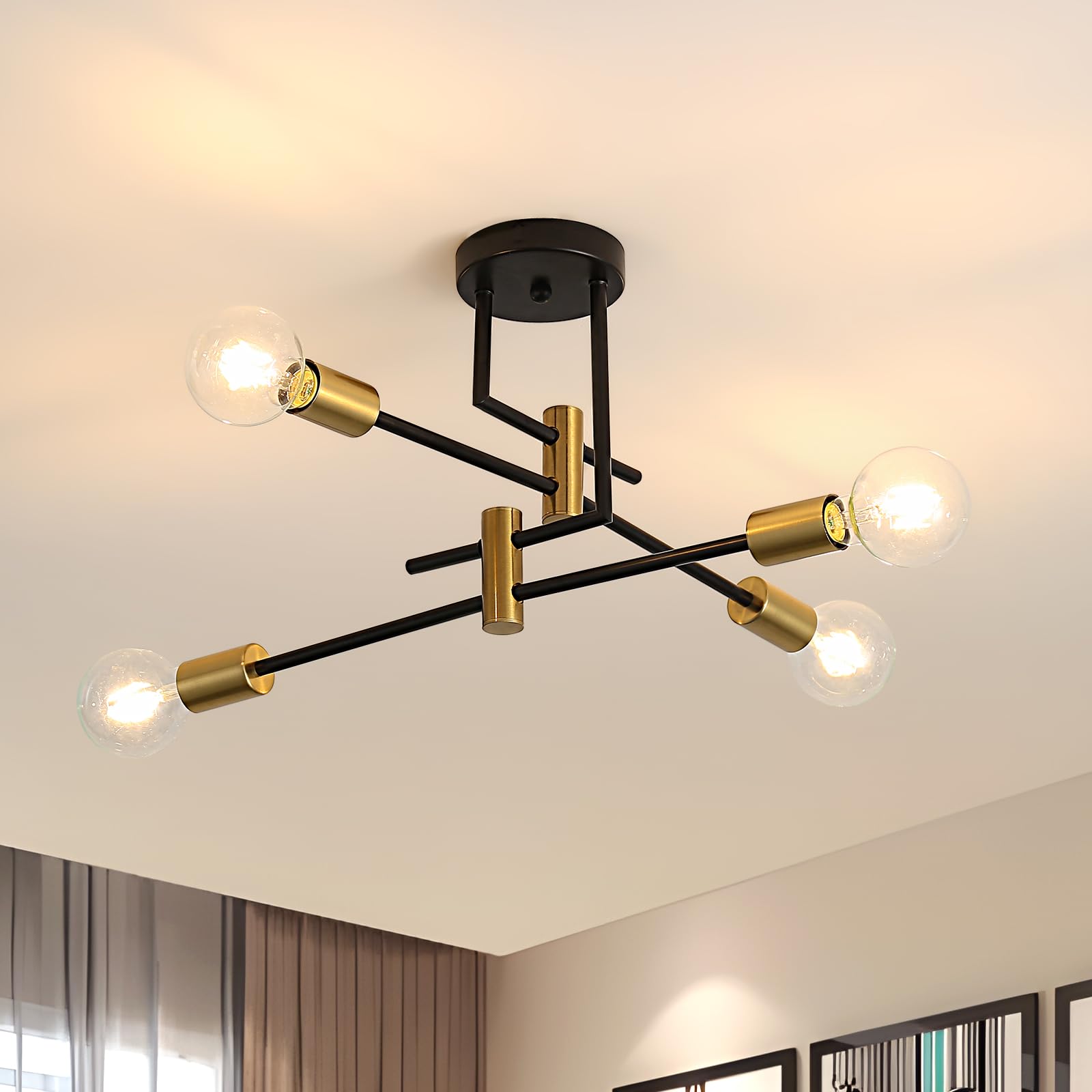 Osairous Lámparas de araña Industrial, Lámpara de Techo de 4 Luces, E27 Lampara Techo Retro Vintage, lampara araña techo Negra para Dormitorio, Pasillo, Cocina (Sin Bombilla)