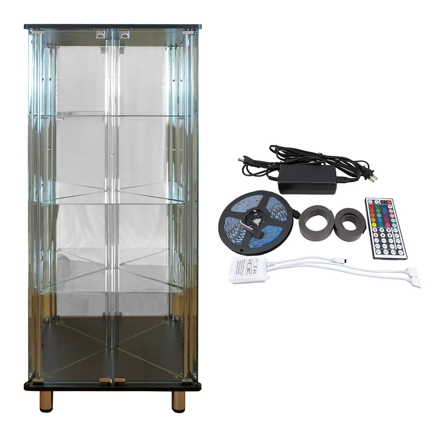 ガラスコレクションケース コーナー三角形 ハイタイプ 背面ミラー 付き