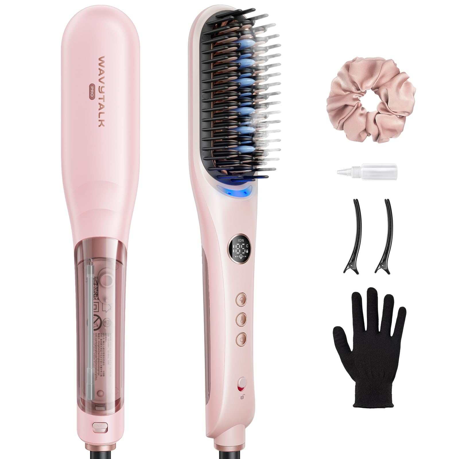 Wavytalk Cepillo alisador de vapor e iones, Planchas de Pelo 4 en 1 | Steambrush Pro reduce el daño por calor con vapor e iones, peinado rápido, brillo sin encrespamiento, voltaje dual, Rosa