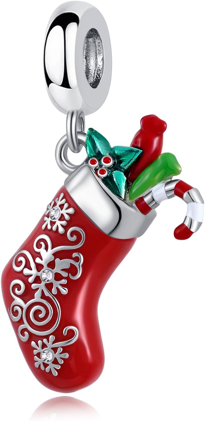 Christmas Stocking Reindeer Snwoflake Dangle Charm Compatible with Pandora Bracelet Women Xmas Gift